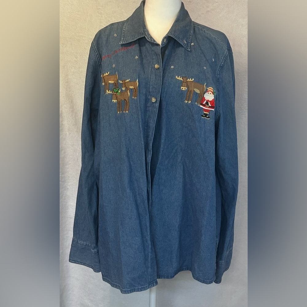 Denim Shirt with Santa and Reindeer Embroidery Sz XL